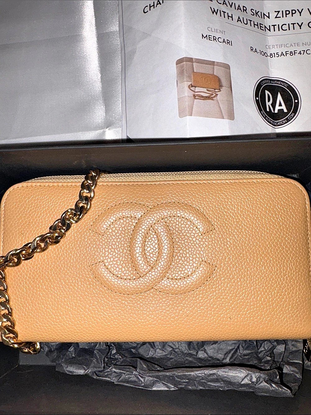 NWOT FULL INCLUSION Chanel Caviar Zippy Wallet on Chain Brown Leather